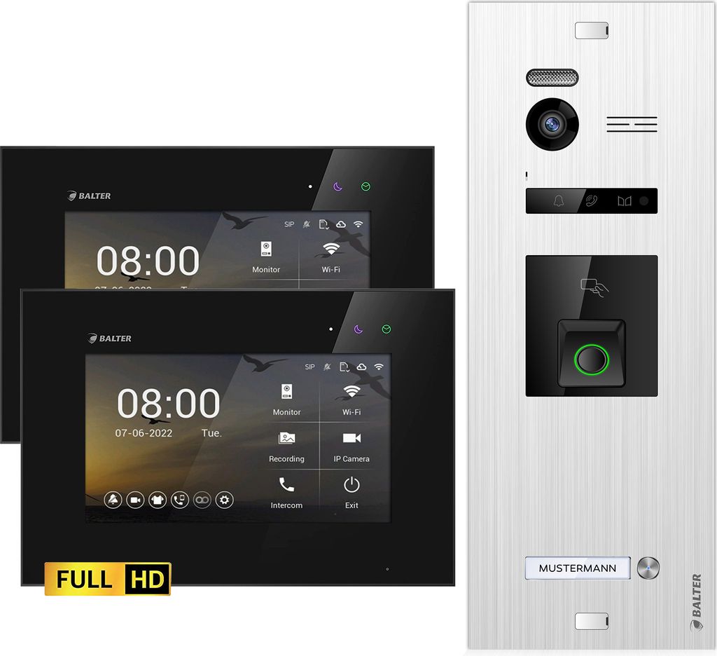 Balter EVO HD Video Türsprechanlage mit Fingerprint und RFID für 1 Familienhaus, 2x Monitore