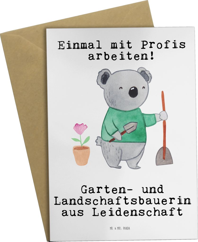 Mr. & Mrs. Panda Glückwunschkarte Garten- und Landschaftsbauerin Leidenschaft - Weiß - Geschenk, hochzeitskarten, einladungskarten, vatertagskart...