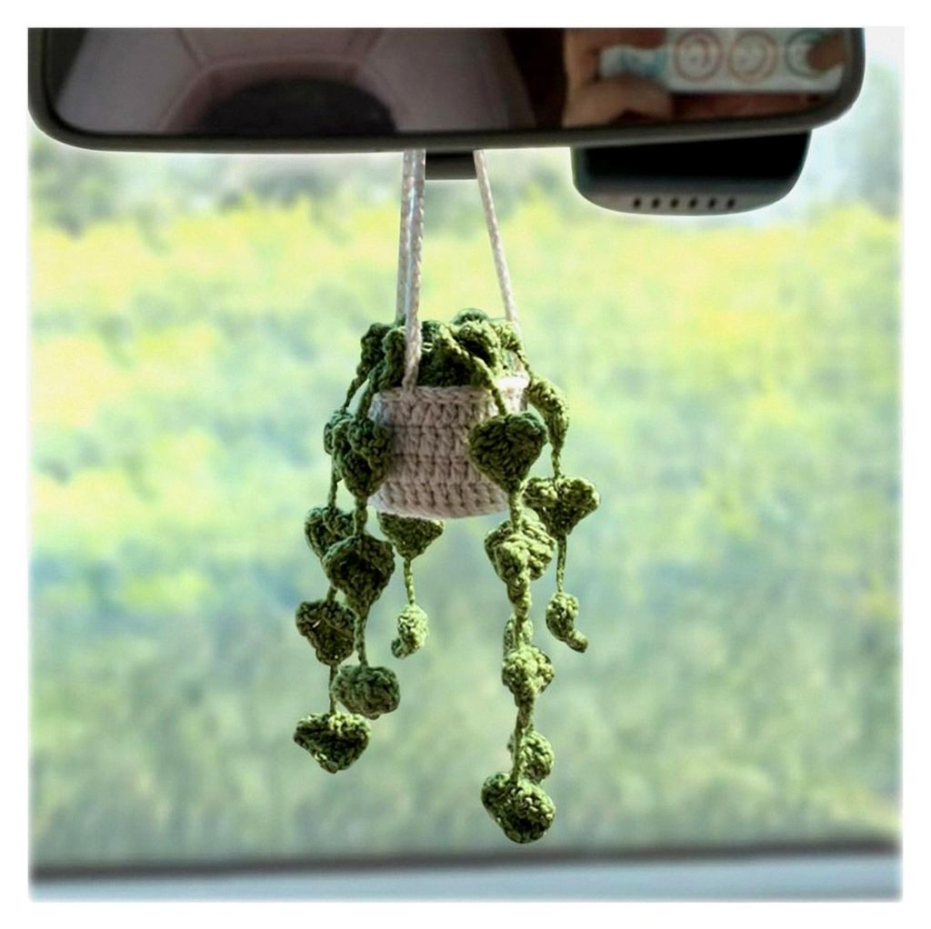 Hängekorb für Auto Dekoration, Handgefertigte Gehäkelte Topfpflanze als Hängendes Ornament für den Autospiegel, Universeller Innenraum Dekorat...