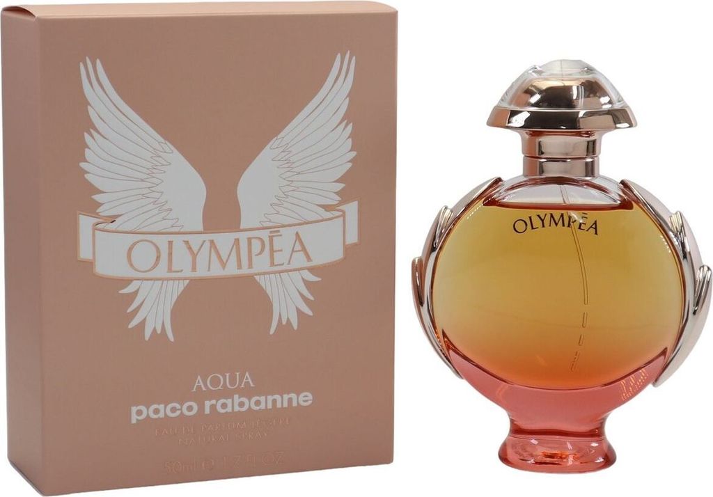 Paco Rabanne Olympea Aqua Eau de Parfum mit roségoldener Verpackung und rundem Flakon im Flügel-Design, 50 ml.