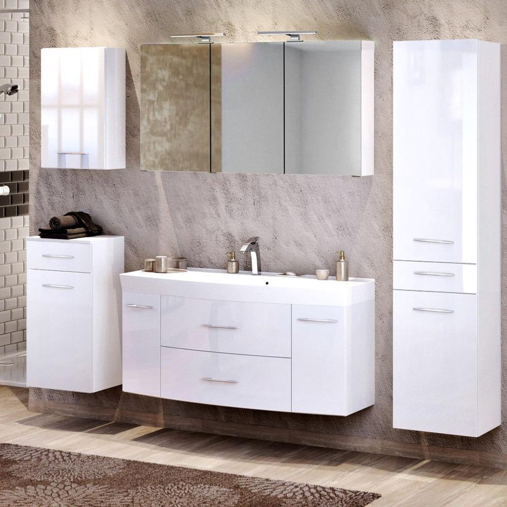 Badmöbel Set mit 120cm Breite Waschtisch & Hochschrank FLORIDO-03 Hochglanz weiß B x H x T: ca. 230 x 200 x 47 cm