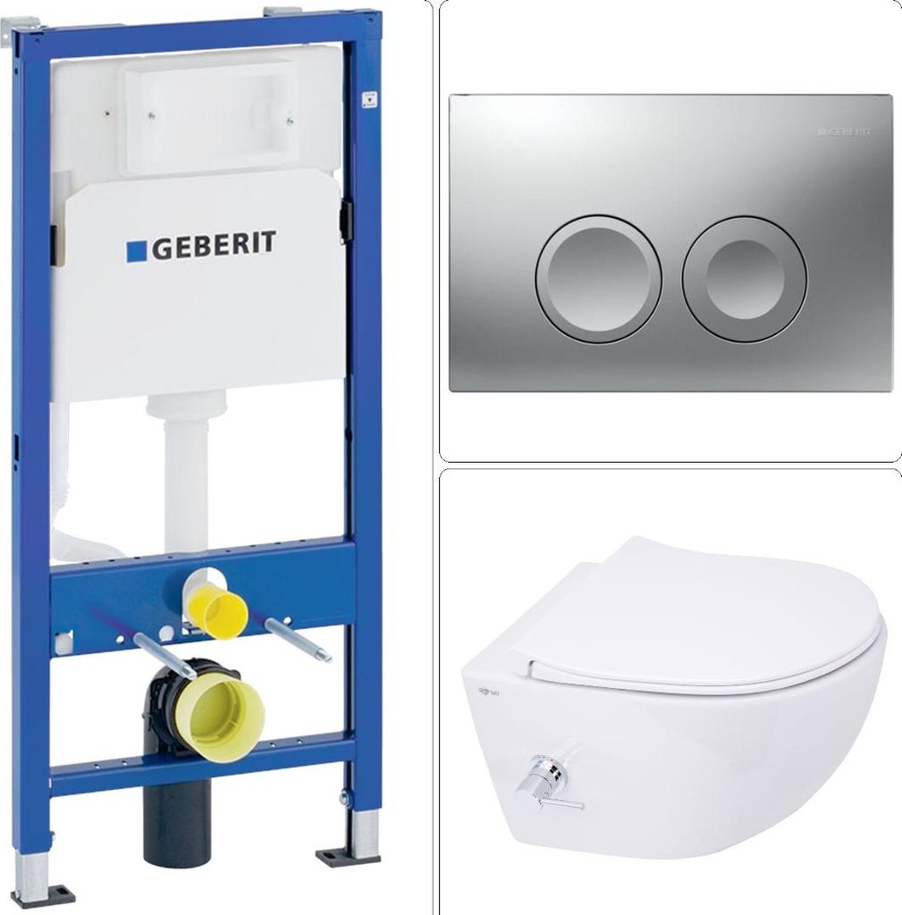 SAT Aquacare Wand-Dusch-WC spülrandlos mit SoftClose WC-Sitz, Schallschutz & GEBERIT BASIC Vorwandelement + DELTA25 Betätigungsplatte chrom
