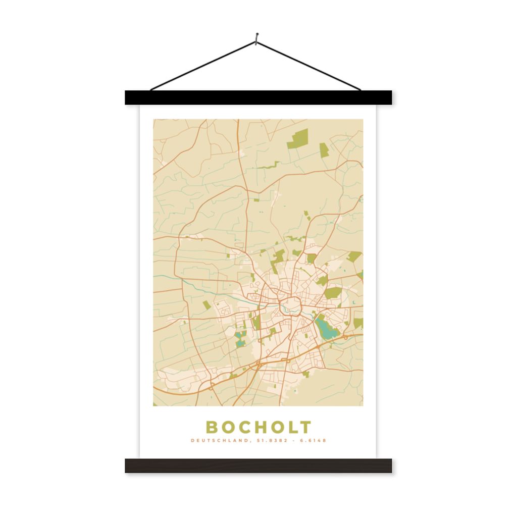 MuchoWow Textilposter Karte - Jahrgang - Bocholt - Stadtplan 60x90 cm mit schwarzem Rahmen - Poster Wohnzimmer