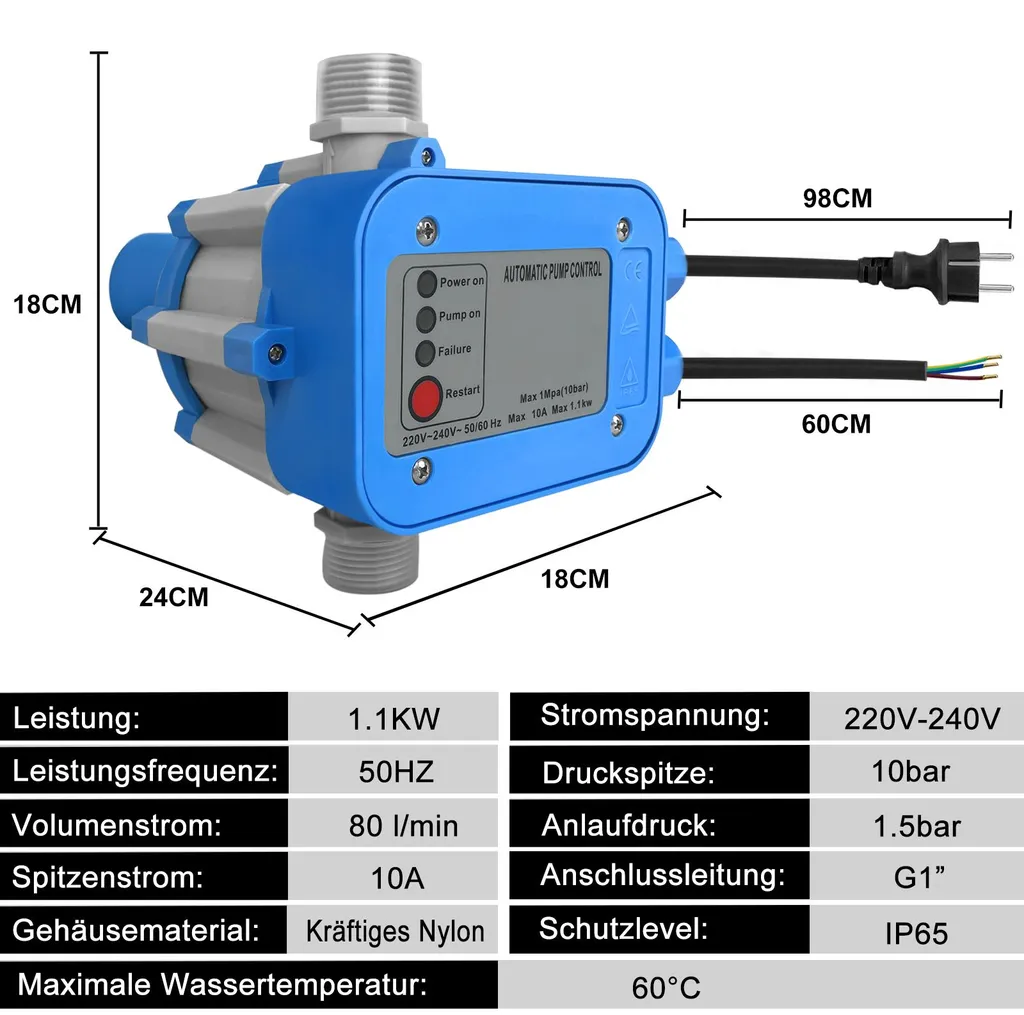 Commande de pompe XINZI avec câble et pressostat automatique 10 bars