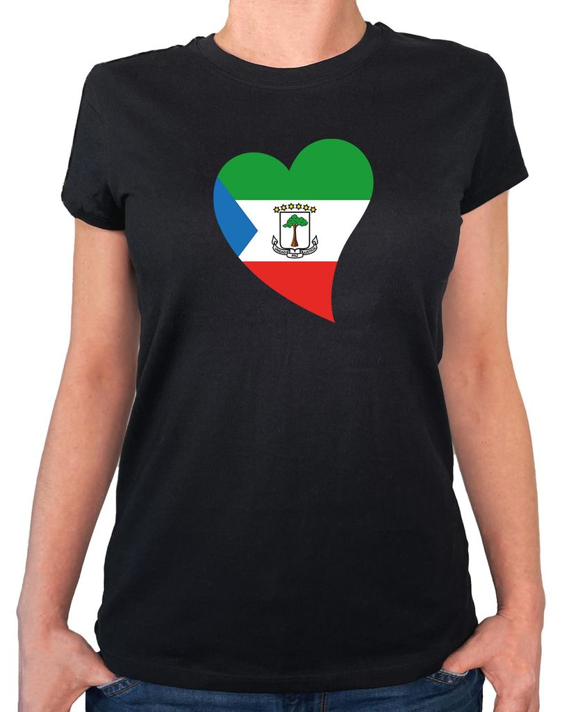 Huuraa Damen T-Shirt Äquatorialguinea Flagge Herz S Black Bio Baumwolle Fairtrade Damenshirt Geschenkidee