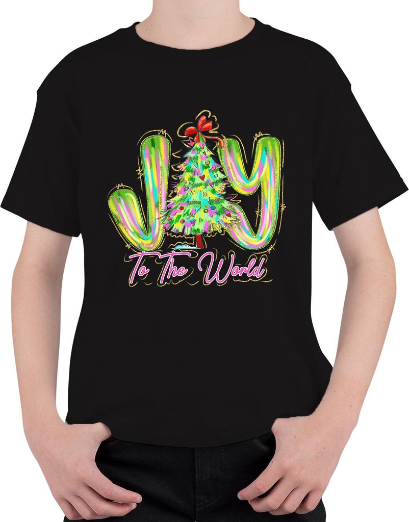 Joy To The World Christmas Tree Neon Glitter Festive Gift Holiday Uni Kinder T-Shirt, Schwarz, 140