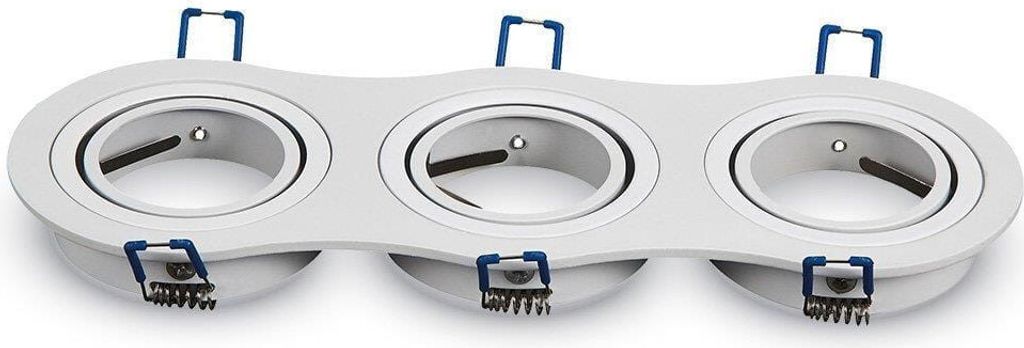 A white, multi-bulb recessed light fixture with blue spring clips.