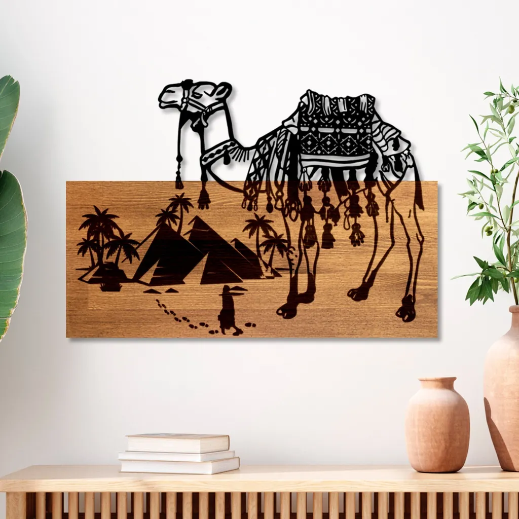 Décoration Murale de Salon en Bois Noyer Yok Deve pour Bureau ou Hall