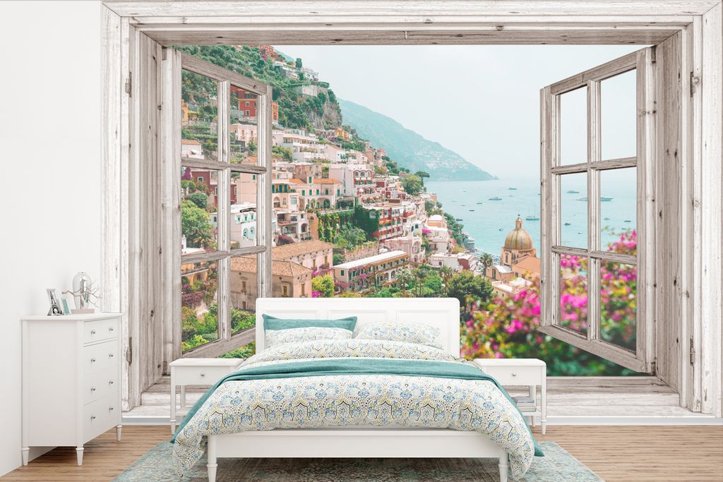 MuchoWow Fototapete für Wohnzimmer oder Schlafzimmer Wandtapete Vinyl Motivtapete Ausblick - Italien - Blumen - Meer - Küste - Stadt - Berge - ...