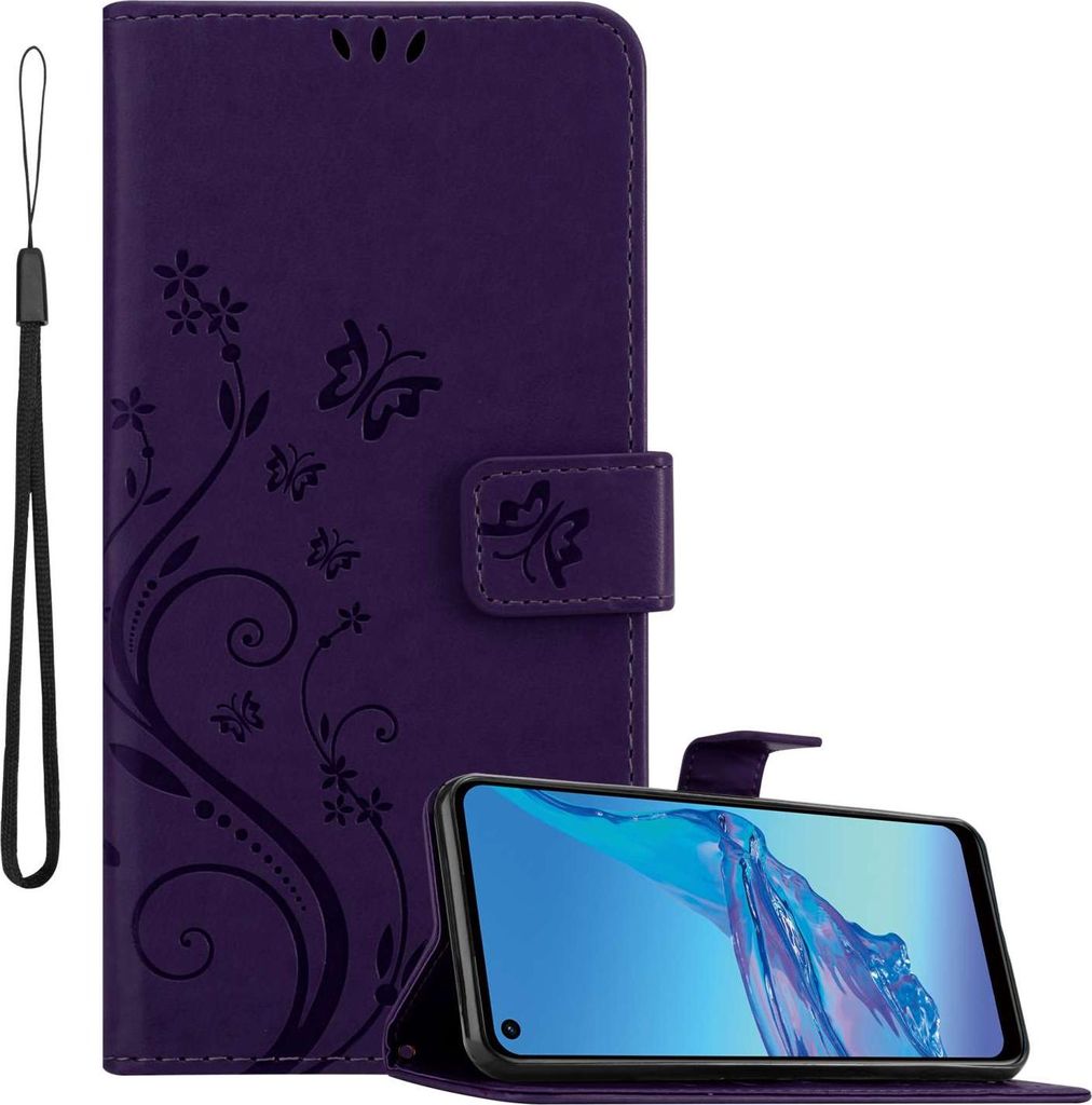 Cadorabo Hülle für Oppo A53s in FLORAL DUNKEL LILA Schutzhülle im Blumen Design mit Magnetverschluss, Standfunktion und Kartenfächern Flip Case...