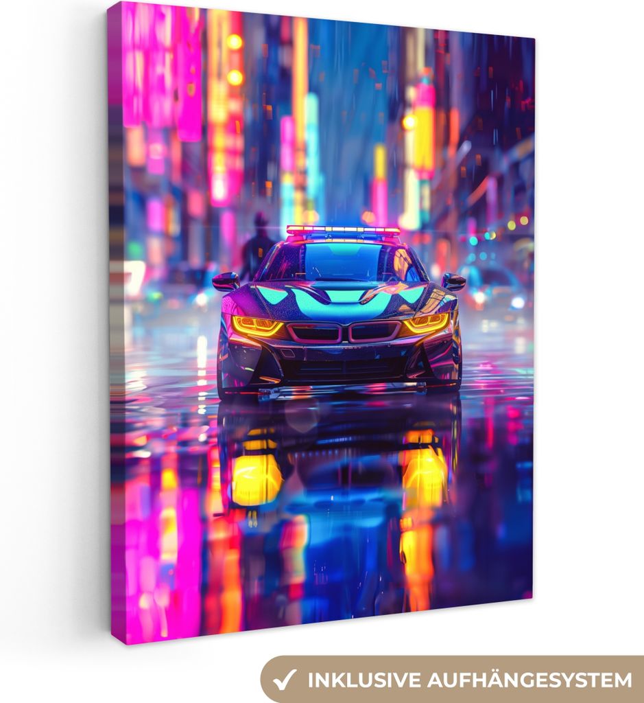 MuchoWow - Leinwandbilder - Auto - Polizei - Stadt - Jungen - Farbenfroh, Wandbild, Wanddeko Bilder Wohnzimmer, 60x80 cm