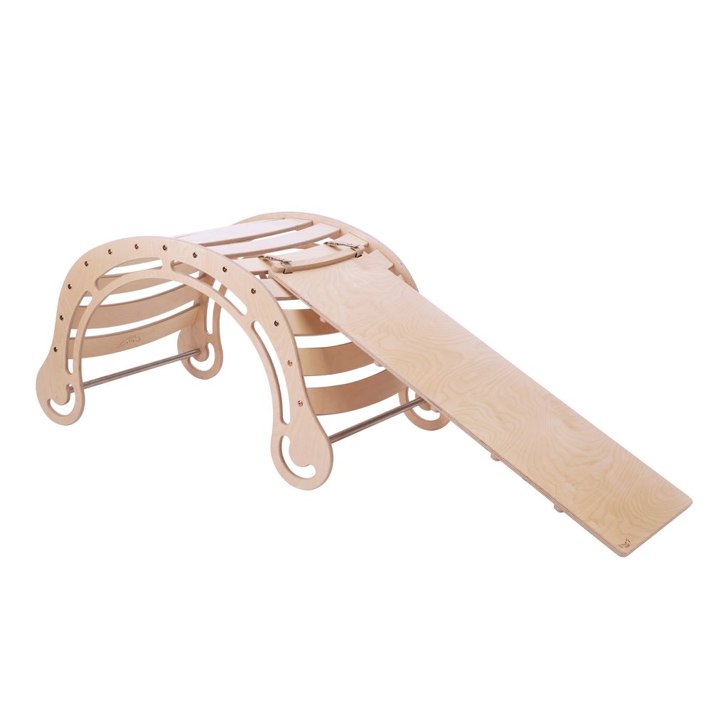 KateHaa XXL-Wippe Kletterbogen aus Holz mit Kletterwand Naturfarben | Indoor Kletterbogen / Klettergerüst für Kinder | Montessori Spielzeug