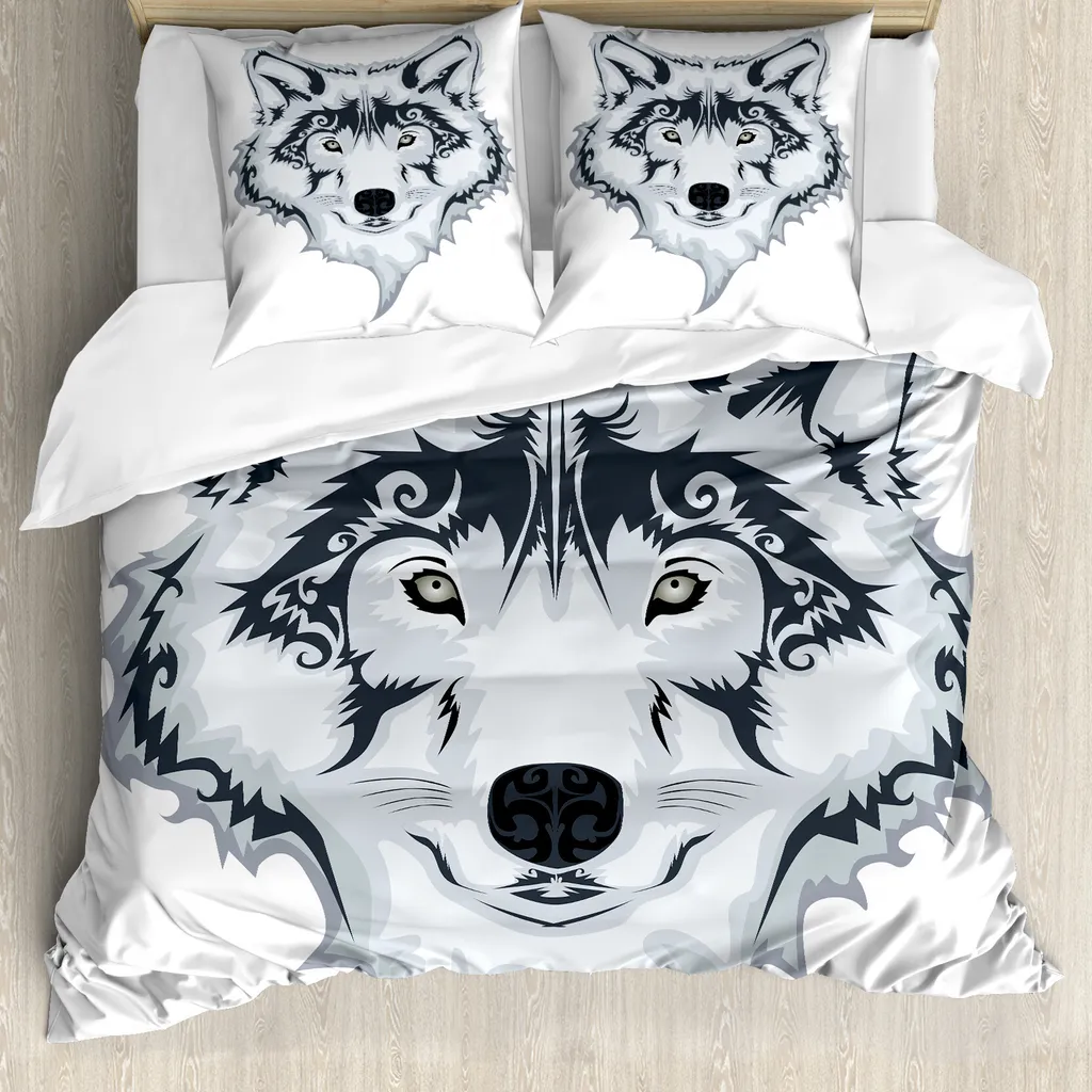 ABAKUHAUS Copripiumino con tatuaggio, Tibal Wild Wolf Tattoo, antiacaro, adatto a chi soffre di allergie, con federe, 200 cm x 200 cm - 80 x 80 cm, bianco e nero