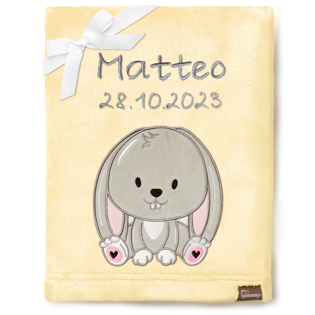 Be Mammy Babydecke mit 3D Applikation bestickt mit Name und Geburtsdatum 76 x 102 cm BE20-280 (Gelb – Kaninchen, 76 x 102 cm)