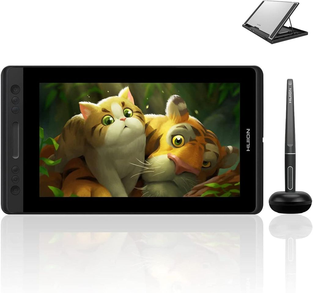 A digital drawing tablet and stylus are displayed on a reflective surface, with a small stand for the tablet in the upper right corner.