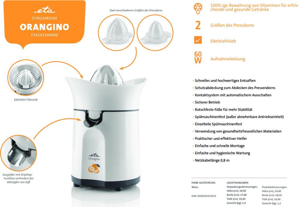 ETA ORANGINO Zitruspresse ETA203390000, 60 W, Mixbehälter Produktbild 