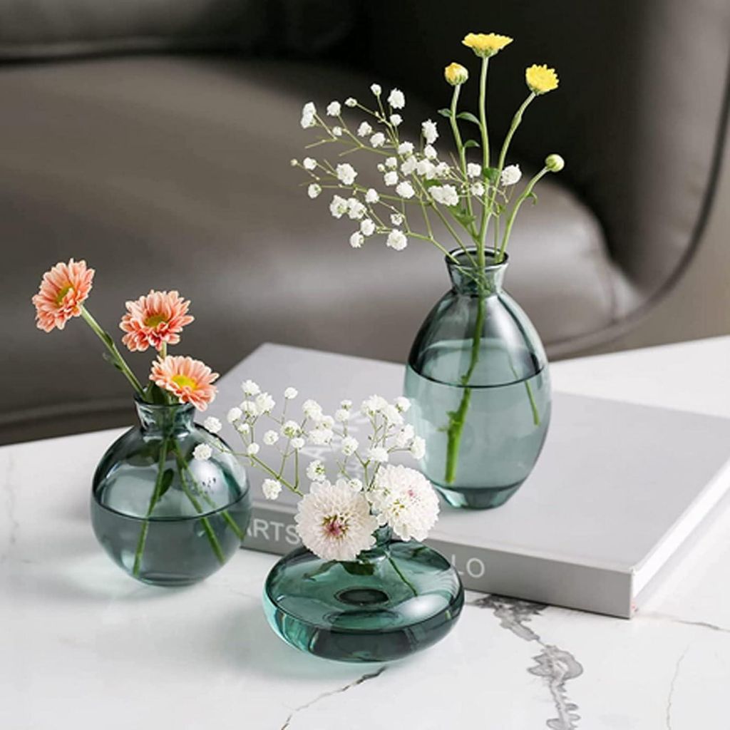 Kleine Vasen für Tischdekoration Glas 4 Sets (12 Stück) Grüne Mini Vase Vintage Handgemachte hydroponische Glasvase Blumenvasen Moderne Set für...