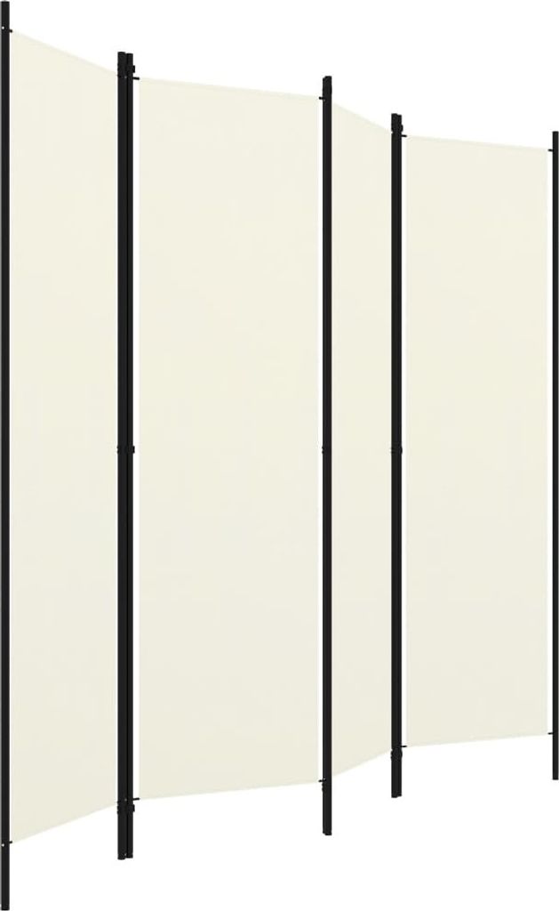 A room divider with multiple panels supported by black frames.