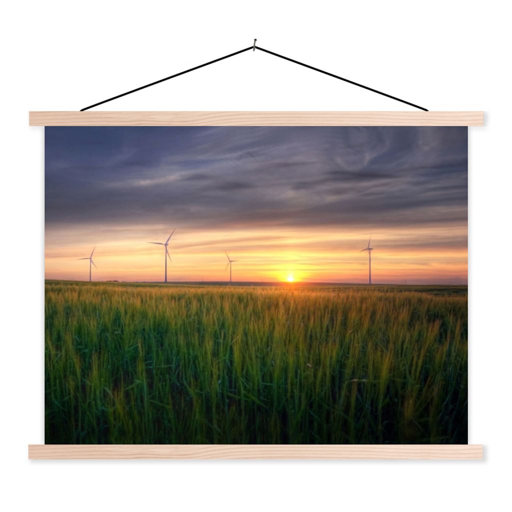 MuchoWow Textilposter Windmühle - Sonne - Gras 120x90 cm mit holzfarbenen Rahmen - Magnetisch