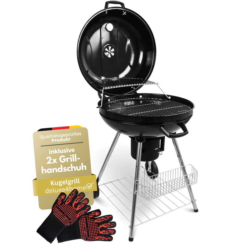 deluxe4home Kugelgrill mit Deckel Ø55 cm I Rollbarer BBQ-Grill mit Aschebehälter & Grillhandschuh I Runder Grill Schwarz mit Ablagegitter
