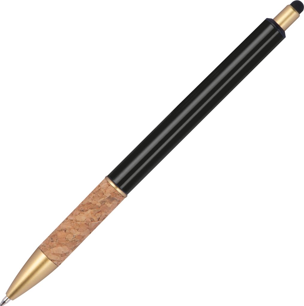 Touchpen Metall-Kugelschreiber mit Korkgriffzone / Farbe: schwarz