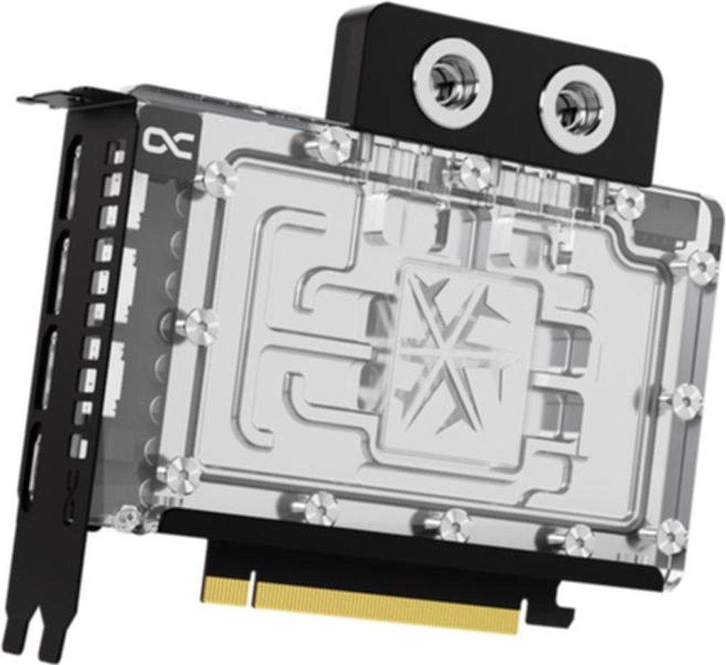 A close-up, angled view of a computer graphics card water block.