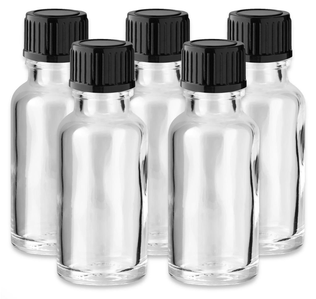5x Klare Glasflasche 20 ml mit schwarzem Kunststoff Produktbild 