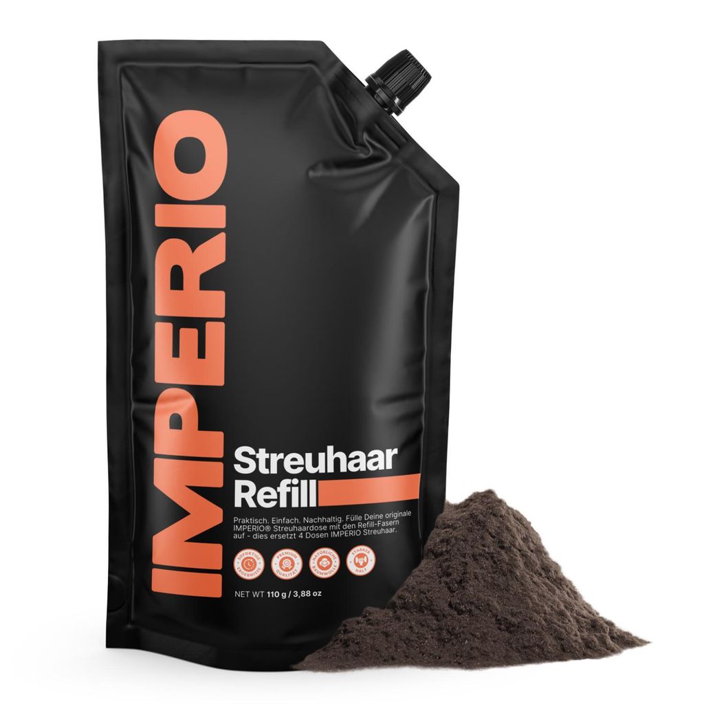 MPERIO Streuhaar Refill Pack - 110g Nachfüllbeutel mit Premium Schütthaar - Nachhaltiger Nachfüllpack mit praktischem Verschluss (Dunkelbraun)