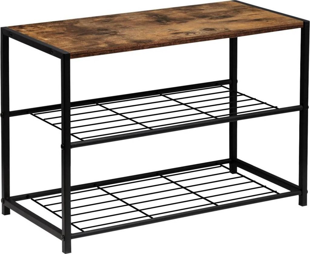 A three-tier shoe rack with a rustic brown top shelf and black metal frame.