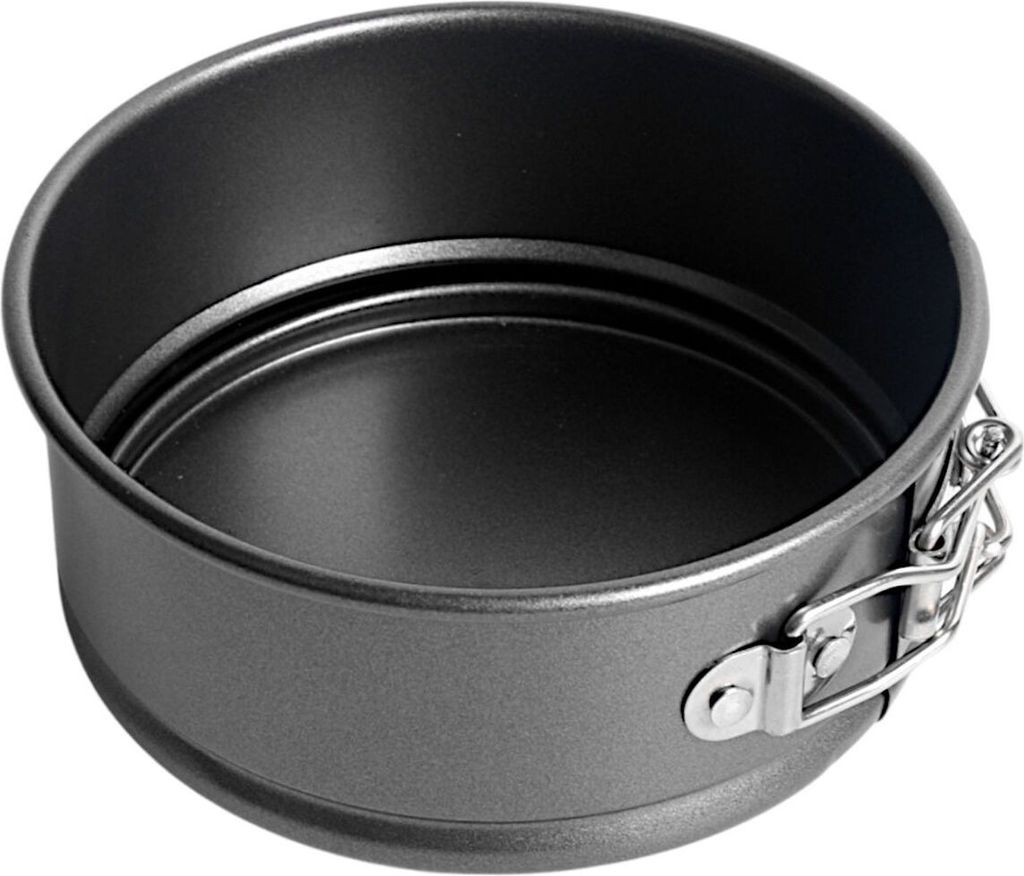 A close-up view of a round, non-stick springform cake pan.