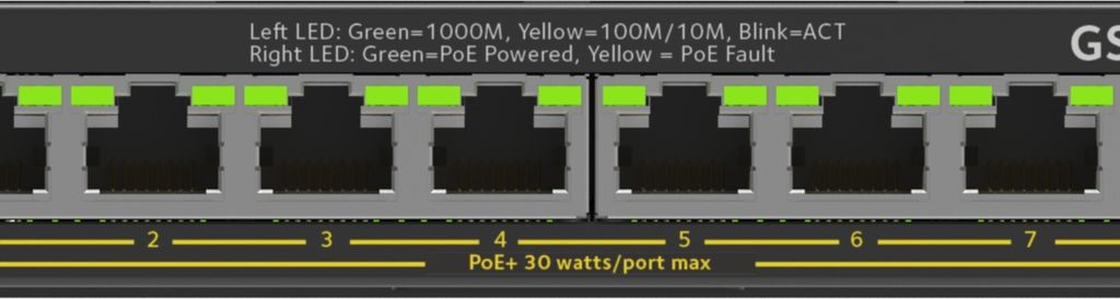 Close-up of network switch ports with LED indicators and labeling.