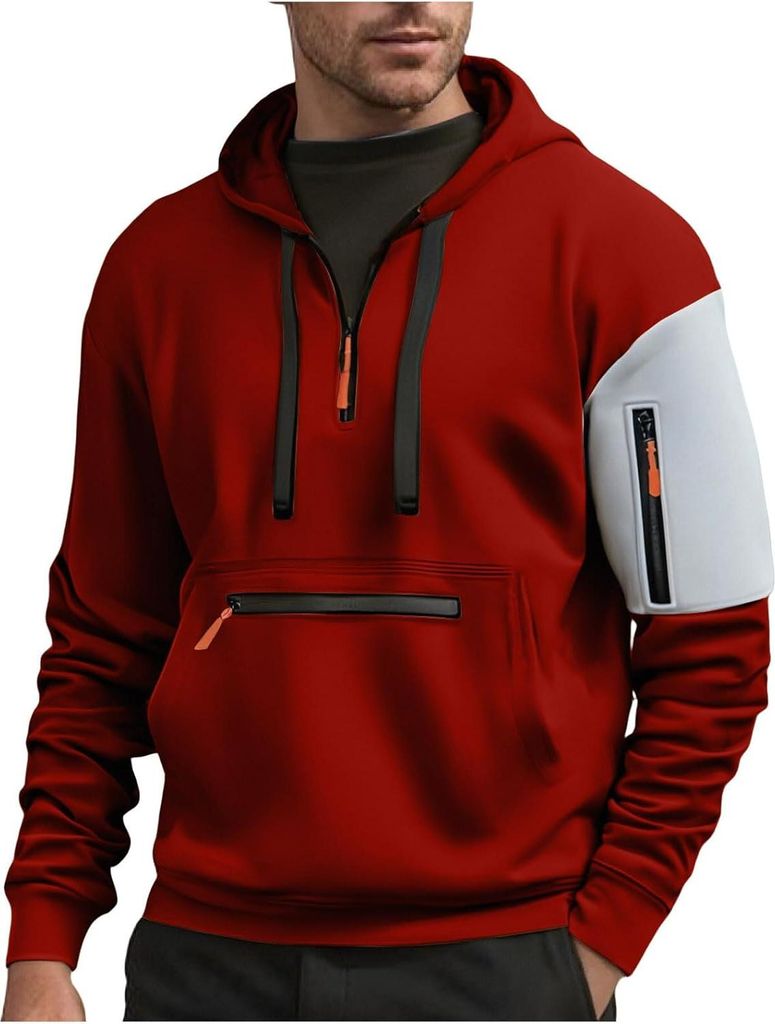 ASKSA Hoodie Herren Pullover Langarm Sweatjacke Kapuzenpullover Farbblock der aermel Sweatshirt,Weinrot,3XL