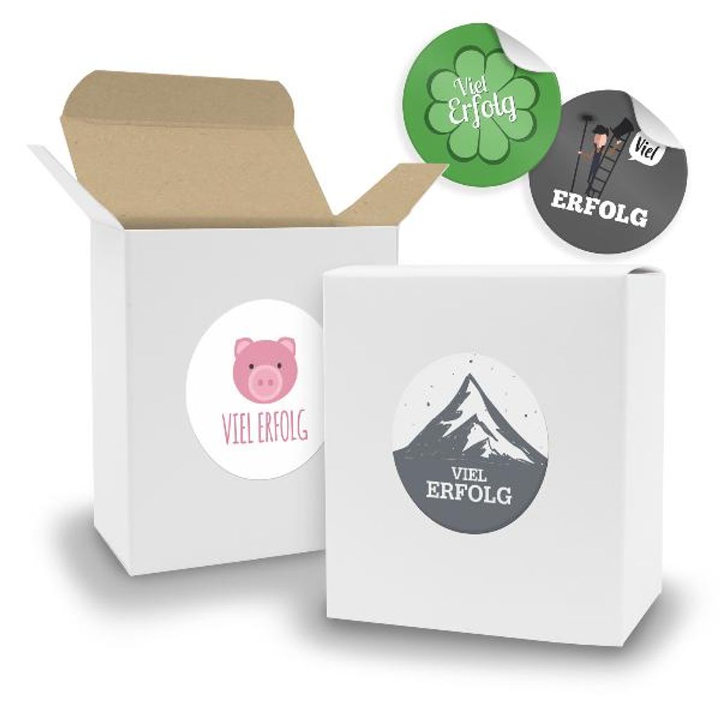SET Viel Erfolg Mix (Motiv42) 24x Faltschachtel Quader weiß innen braun+Sticker