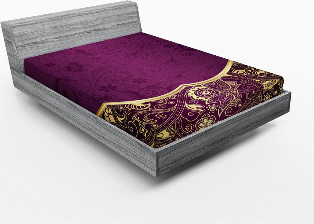 ABAKUHAUS orientalisch Spannbetttuch, Orientalische und abstrakte Swirly Floral Frame künstlerische Vintage, 135 x 190 cm, Fuchsienfarben Hellgelb...