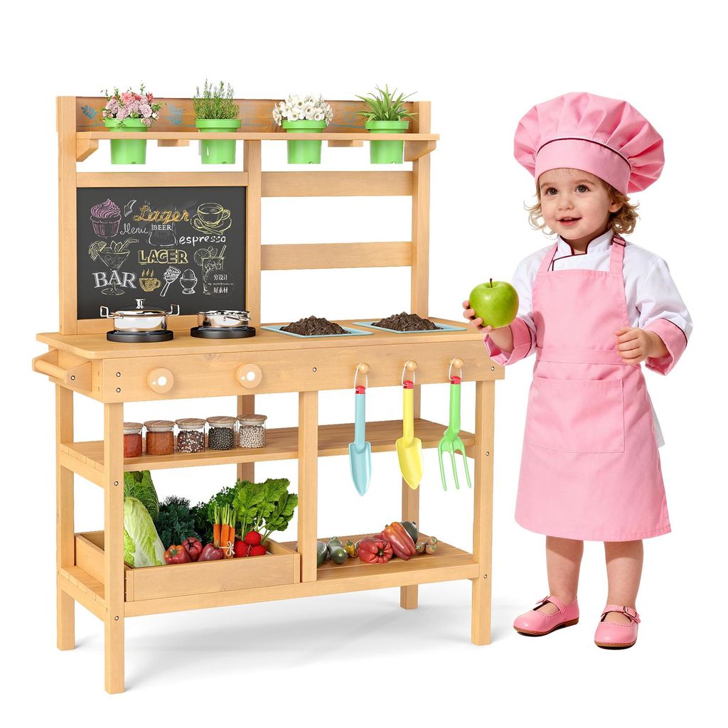 COSTWAY Matschküche Kinder Outdoor, Kinderküche mit Tafel, Wasserhahn, Spülen, Blumentöpfen&Gartenzubehör, Garten Spielküche Holz, für Kinde...