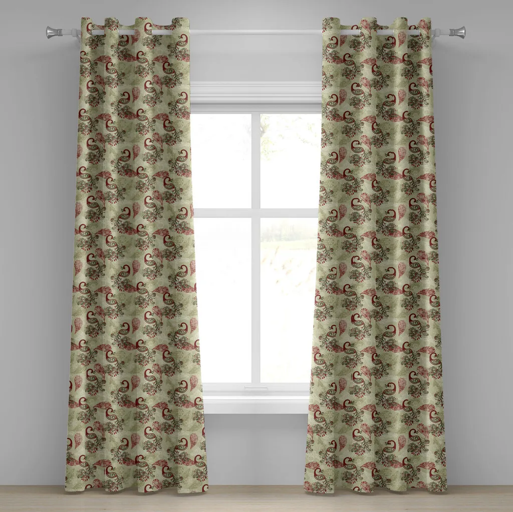 Rideau à œillets Vert Olive et Rubis Motif Floral Paon 280 cm x 175 cm