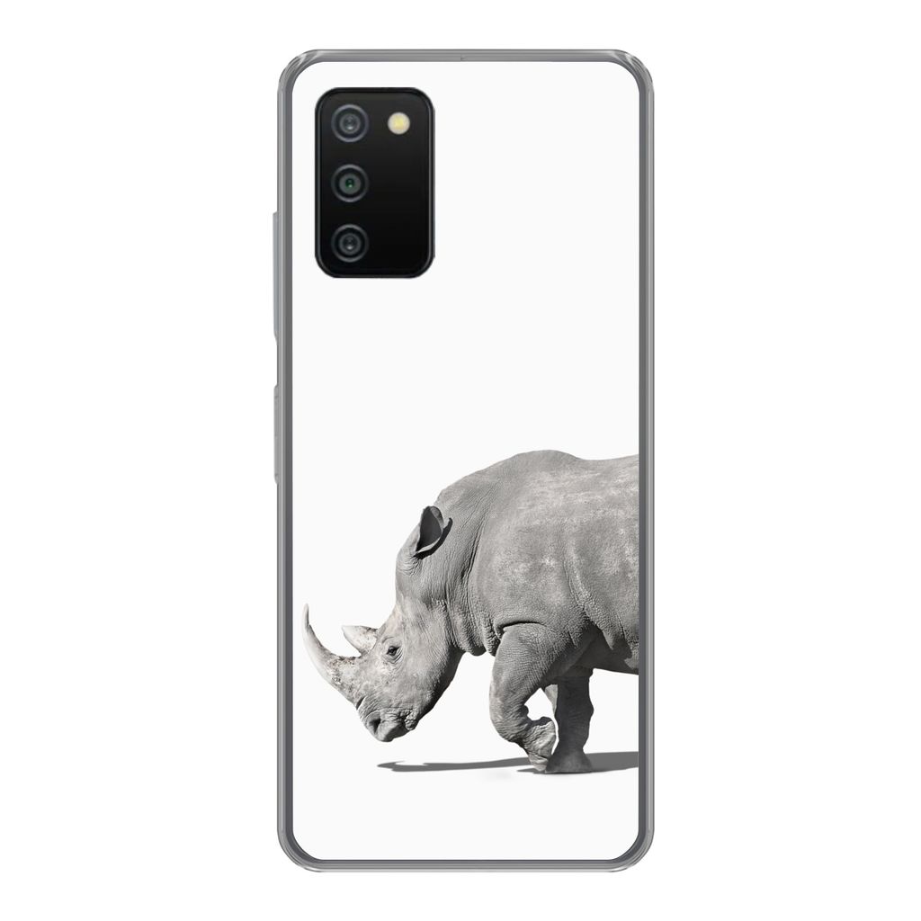 MuchoWow Handyhülle Schutzhülle Hülle für Samsung Galaxy A03s Rhinozeros - Tiere - Weiß Silikon Softcase Handy Hülle - Schutz