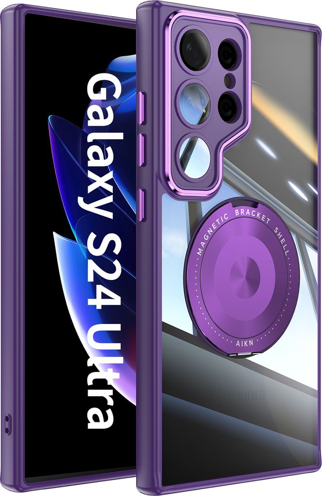 Handyhülle für Samsung Galaxy S24 Ultra Transparent Militärschutz mit Magnetring Ständer und Kameraabdeckung Lila