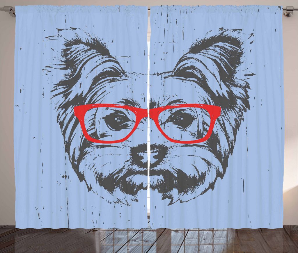 ABAKUHAUS Yorkie Rustikaler Gardine, Fun Portrait Rote Gläser, Schlafzimmer Kräuselband Vorhang mit Schlaufen und Haken, 280 x 245 cm, Hellblau G...