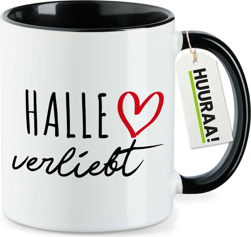 Huuraa Kaffeetasse Halle verliebt 330ml Schwarz Keramik Kaffeebecher Geschenkidee