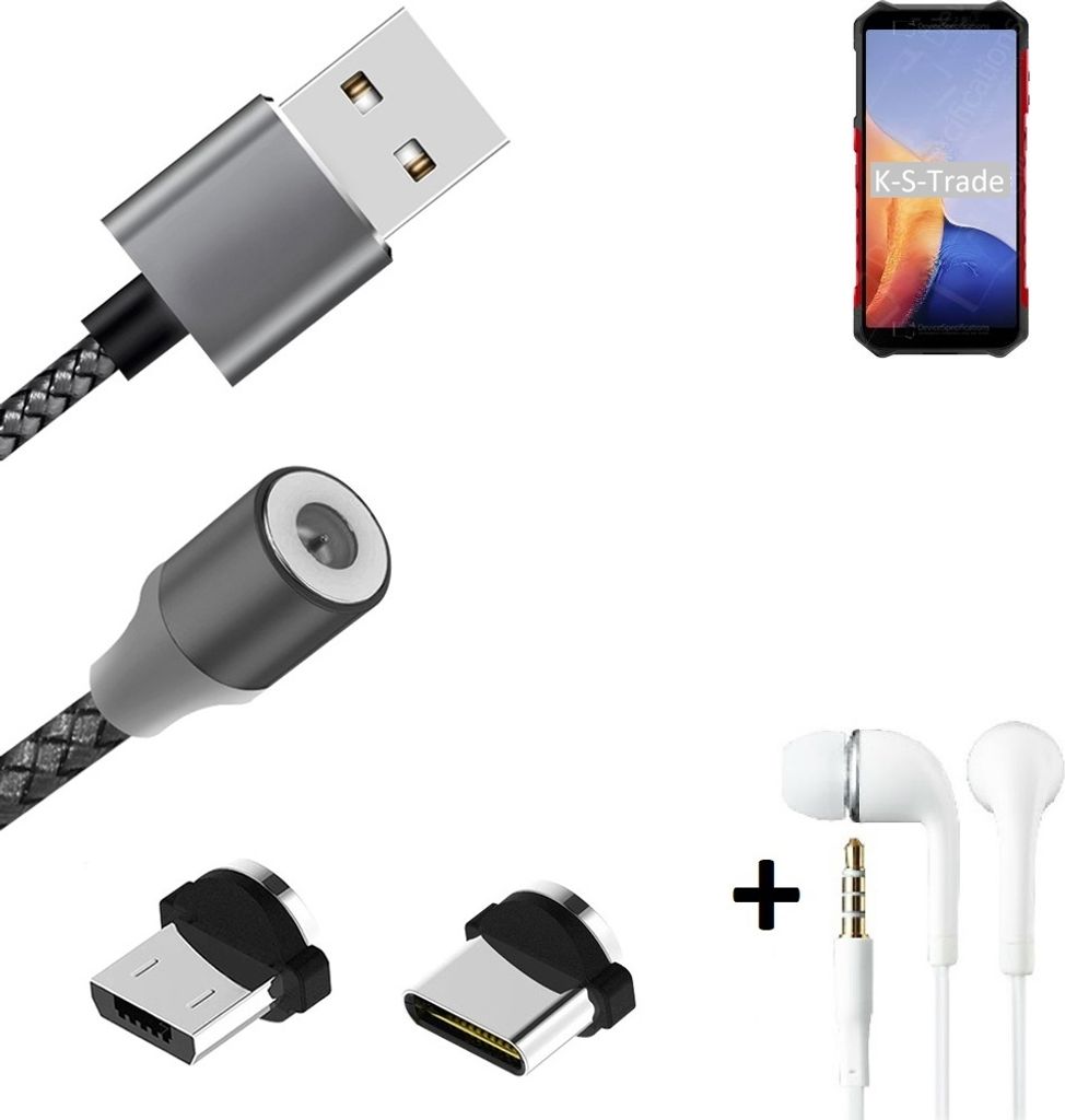 K-S-Trade Hochwertiges Magnet-Lade-kabel Sync-Kabel Daten-Kabel + Kopfhörer für Ulefone Armor X9 mit USB-Typ-C-Anschluss und Micro-USB-Anschluss
