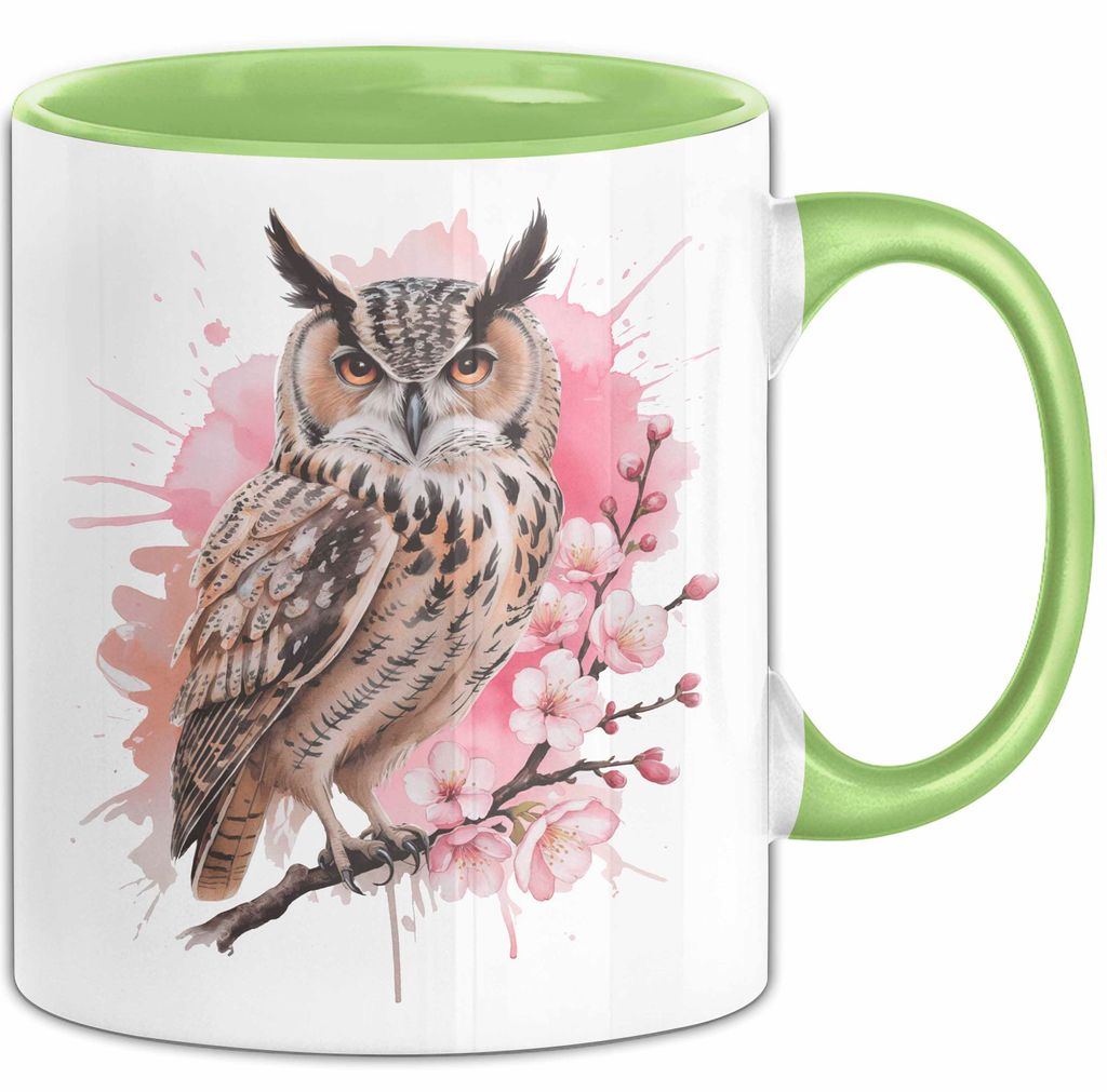 Eule Tierliebhaber Tasse Geschenk Lustige Geschenkidee Spruch Eule Kirschblüte (Grün)