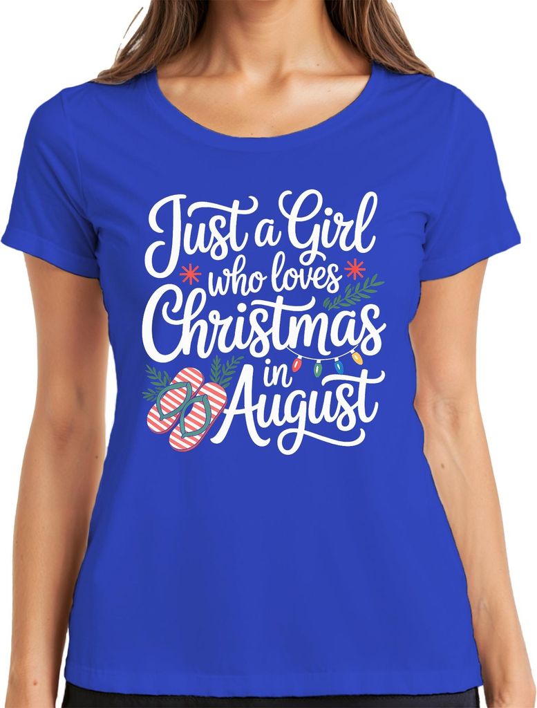 Just a Girl who loves Christmas in August summer flip flops gift Damen T-Shirt, Blau, L