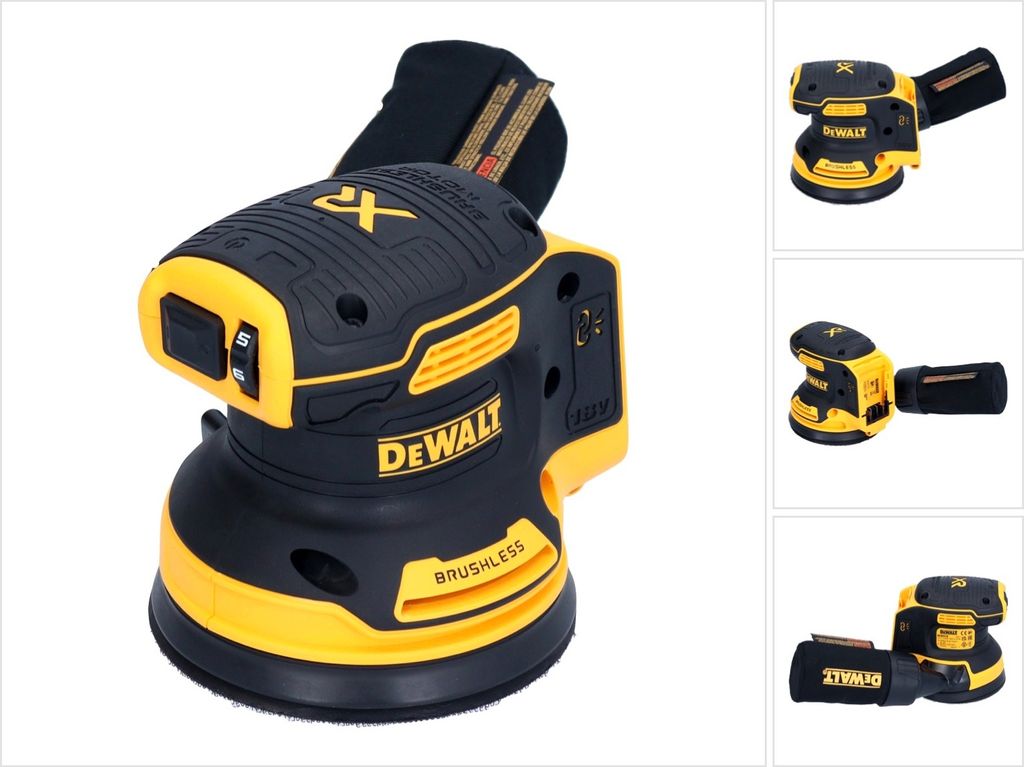 A cordless orbital sander is shown from multiple angles against a white background.