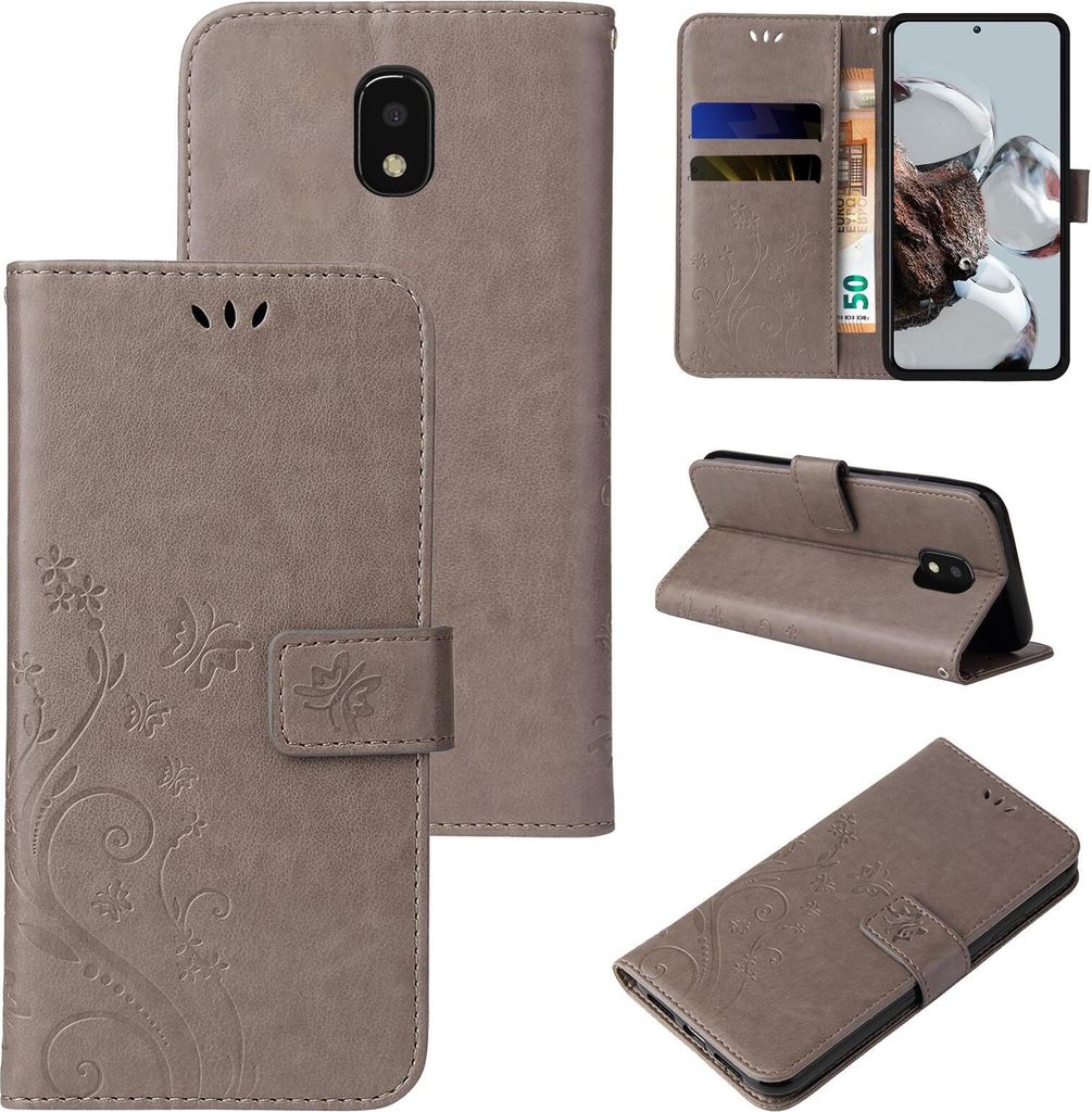 Handyhülle für Samsung Galaxy J3 (2017) Floral Blumen Schmetterling Flip Cover Hülle Case Klapphülle Handytasche Farbe: Grau
