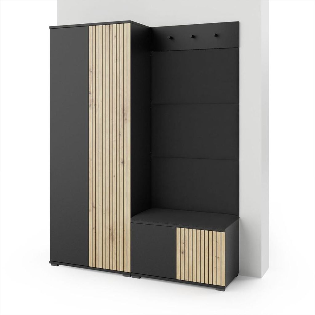 Garderoben-Set Rosario Version 1 mit Lamellen, Kleiderschrank mit Polsterplatten und Schuhschrank (Schwarz / Eiche Artisan, Trinity 16)