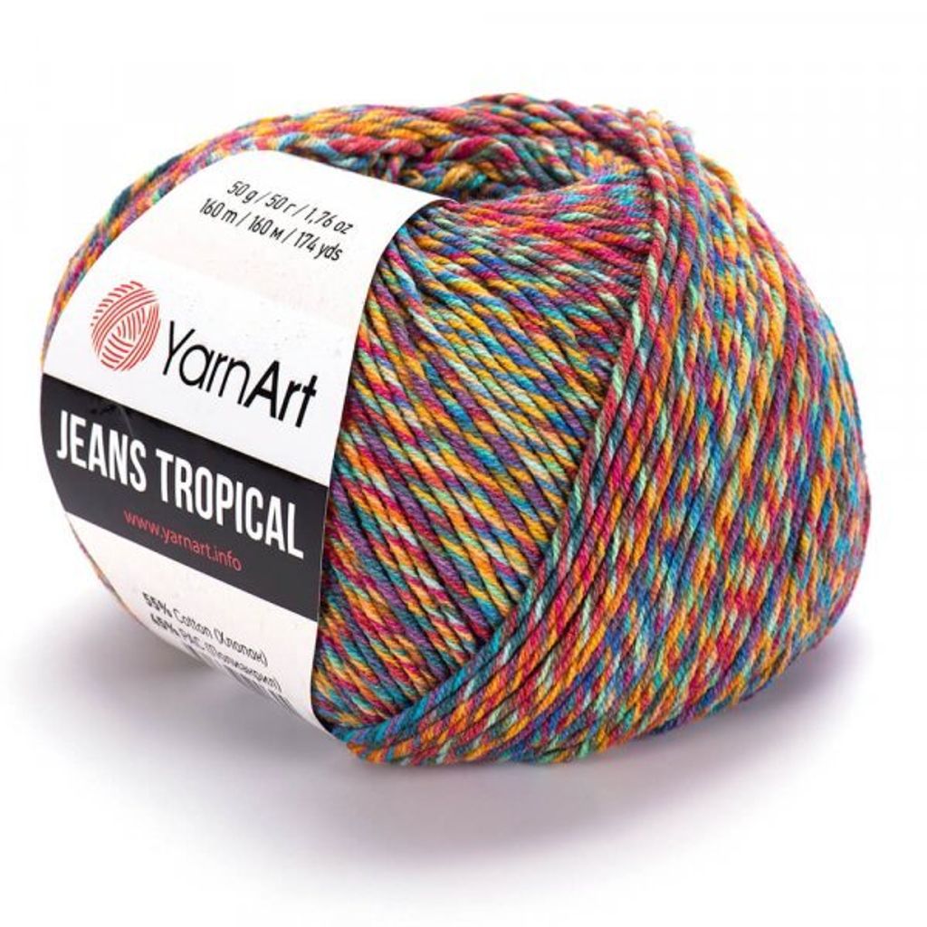 A ball of multi-colored yarn on a white background.