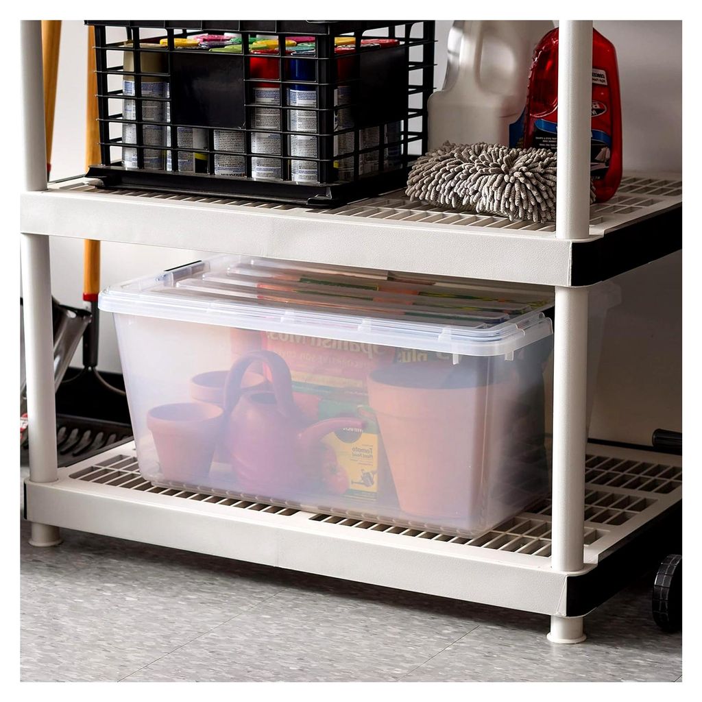 Stapelbare Kunststoff-Aufbewahrungsbehälter mit Deckel und Schnallen, 5 Stück, transparent/schwarz, langlebig, für Schrank und Garage