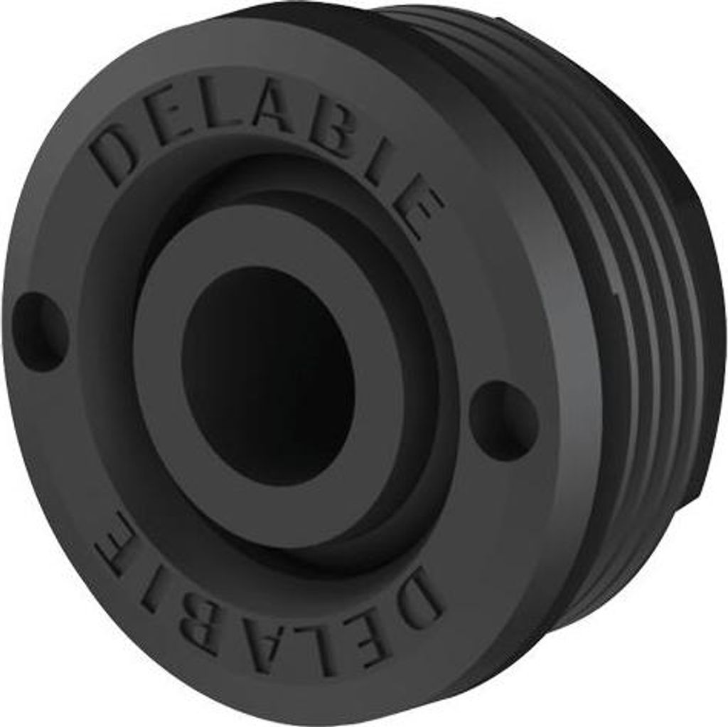 A black, circular plumbing fixture component with the brand name 'DELABIE' embossed on it.