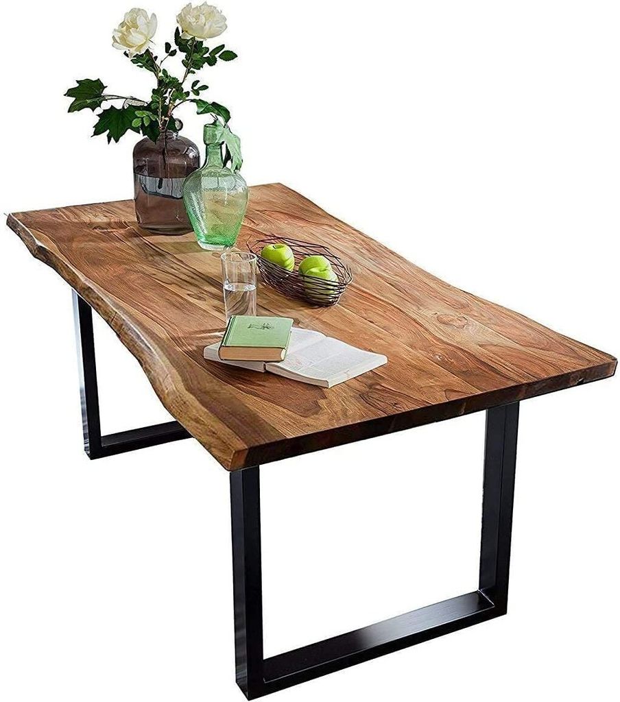 Baumkantentisch 260x100 cm Quarto, Akazienholz massiv + nussbaumfarben, Esstisch mit schwarzem U-Gestell, Esszimmertisch/Holztisch Industrial-Desig...